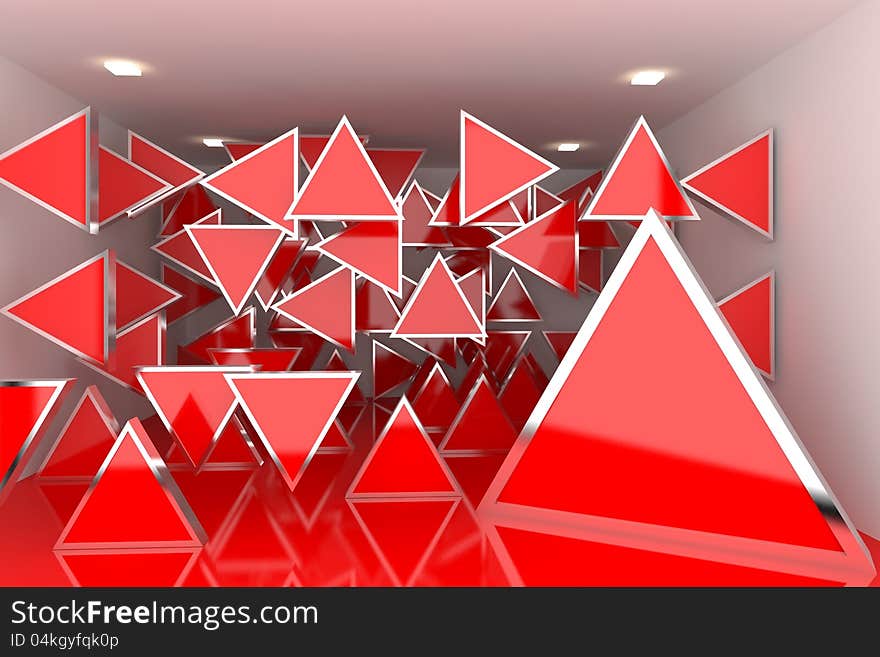 Abstract interior rendering with empty room color triangle box display.