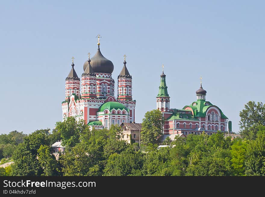 View of facade of St. Pantheleimon's orthodox cathedral in Kiev on a sunny clear day. View of facade of St. Pantheleimon's orthodox cathedral in Kiev on a sunny clear day