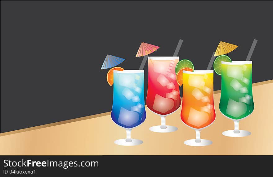 Four fancy colored cocktail drinks on a wooden table