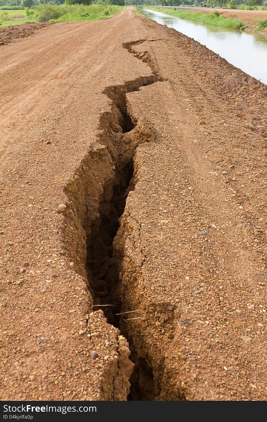 Gravel road in rural split apart.