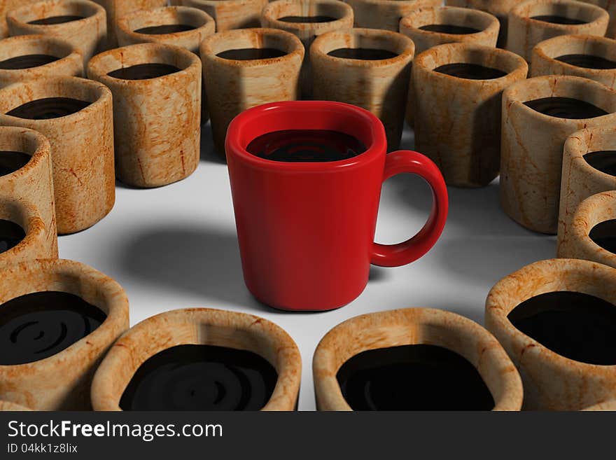 3d model rendering of red cup among dirty cups