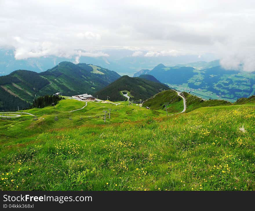 Nice view of the valley in the Tyrolean Alps on foot hike.