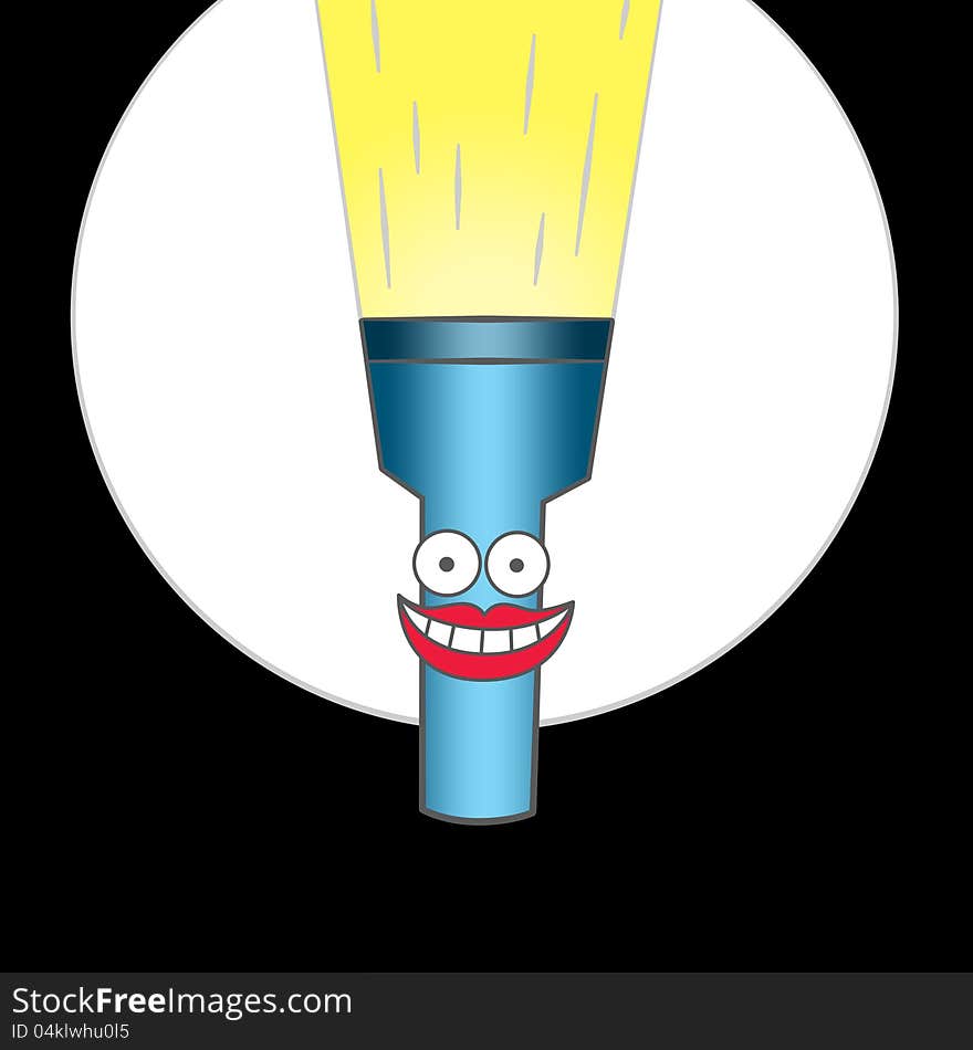 A cartoon flashlight with face in the dark. A cartoon flashlight with face in the dark