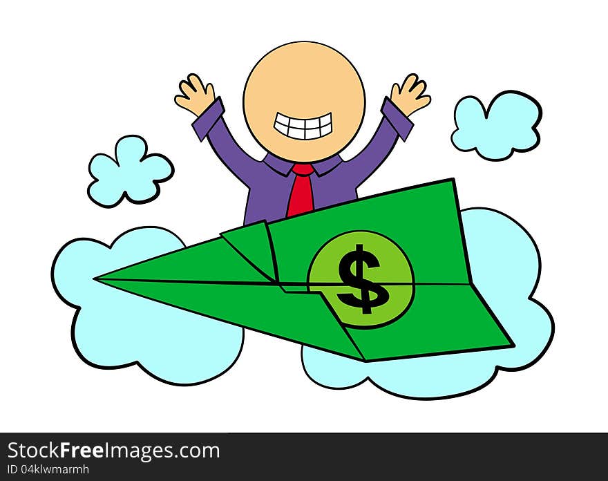 A cartoon business man riding a plane made up of a dollar bill. A cartoon business man riding a plane made up of a dollar bill