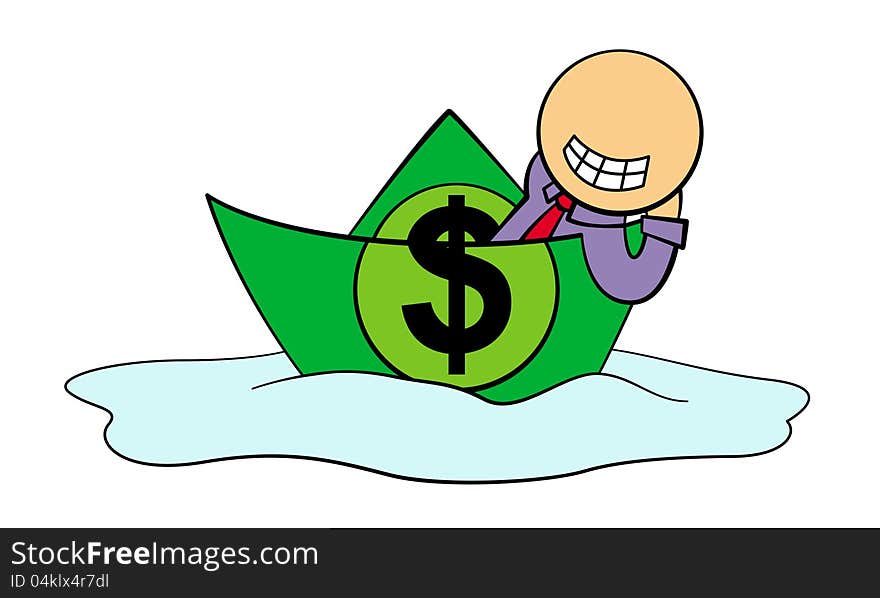 A cartoon business man riding a boat made up of a dollar bill. A cartoon business man riding a boat made up of a dollar bill