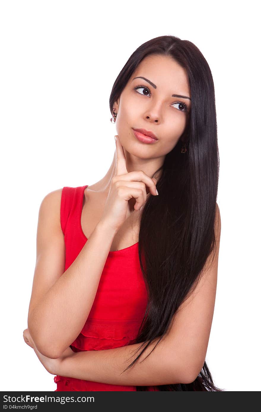 The portrait of the young girl on the white background