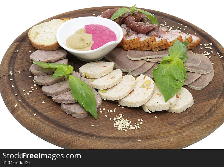 Wooden plate with sausage and bacon on white background. Wooden plate with sausage and bacon on white background