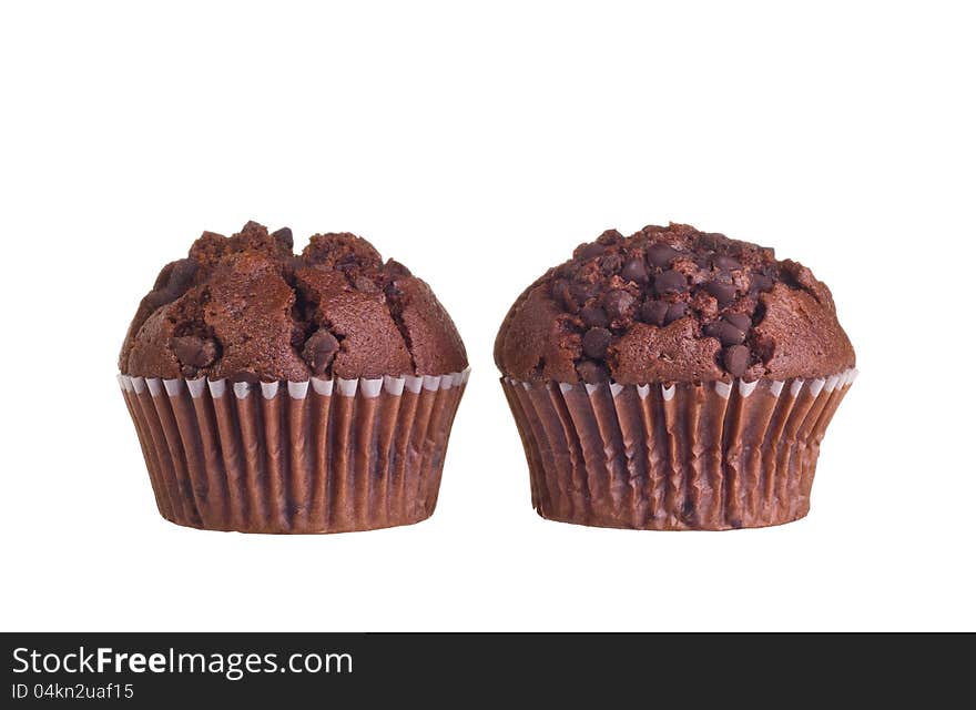 Chocolate muffin isolated on white background.