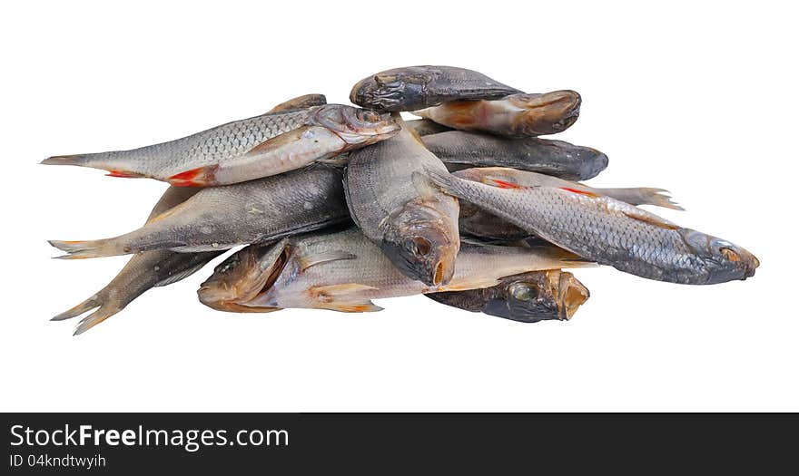 Dried salty fishes, snack to beer, isolated on white background