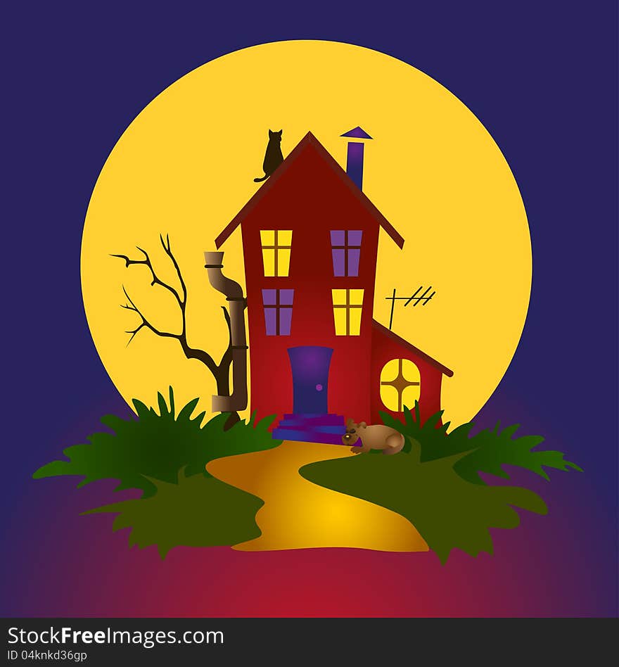 The abstract house near the yellow moon ,illustration. The abstract house near the yellow moon ,illustration