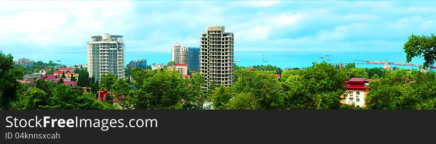 Panorama of Sochi. New buildings in Black Sea. Sochi, a sea view. June 2012.