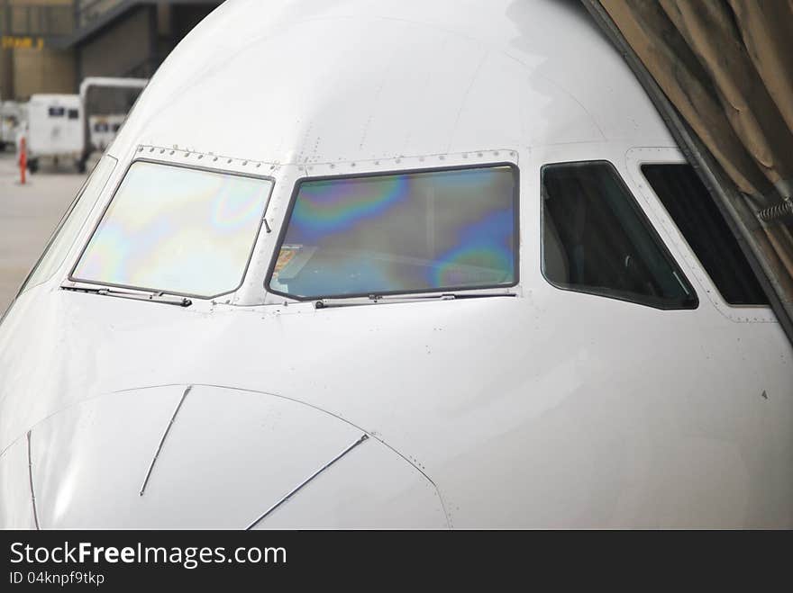 Closeup view of passenger airline cockpit. Closeup view of passenger airline cockpit