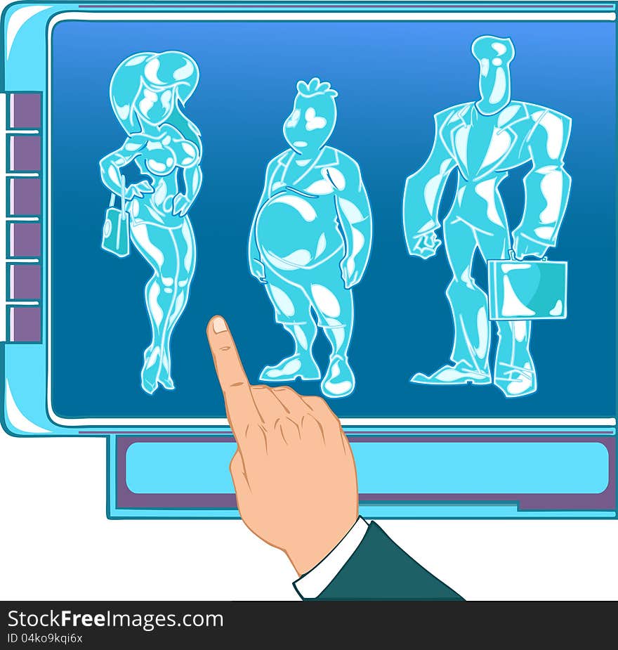 The illustration shows three human types manekens: pretty young girl, fatboy and buisnesman. The illustration done in cartoon style, on separate layers.