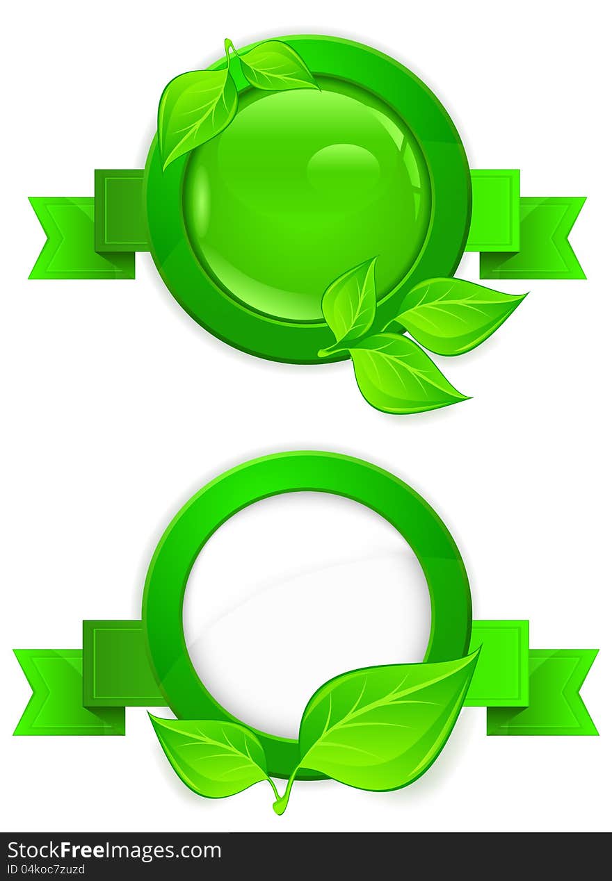 Green circle icon with fresh leaves and ribbon on white, vector illustration