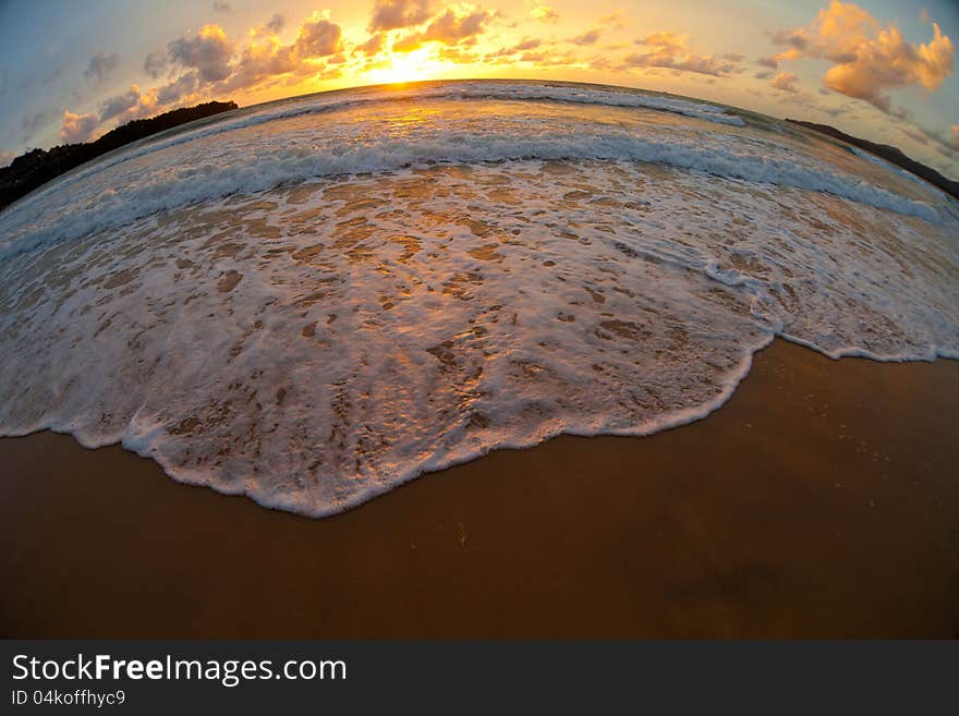 Sea Beach Sunset By Fisheye Lens