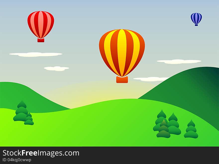 Flying balloons in summer land. Flying balloons in summer land