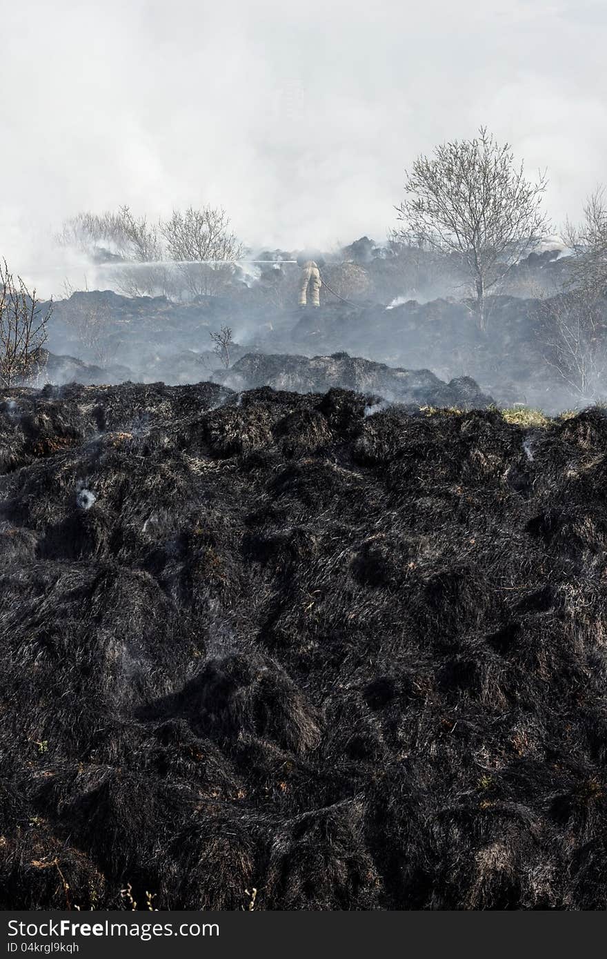 Black and gray grass residues after wildfire. Focus is on fireman in the background. Black and gray grass residues after wildfire. Focus is on fireman in the background.