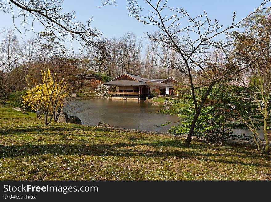 Tea house near pond in the Japanese garden in Hasselt , Limburg, Belgium, Europes largest Japanese Garden, early spring time. Tea house near pond in the Japanese garden in Hasselt , Limburg, Belgium, Europes largest Japanese Garden, early spring time