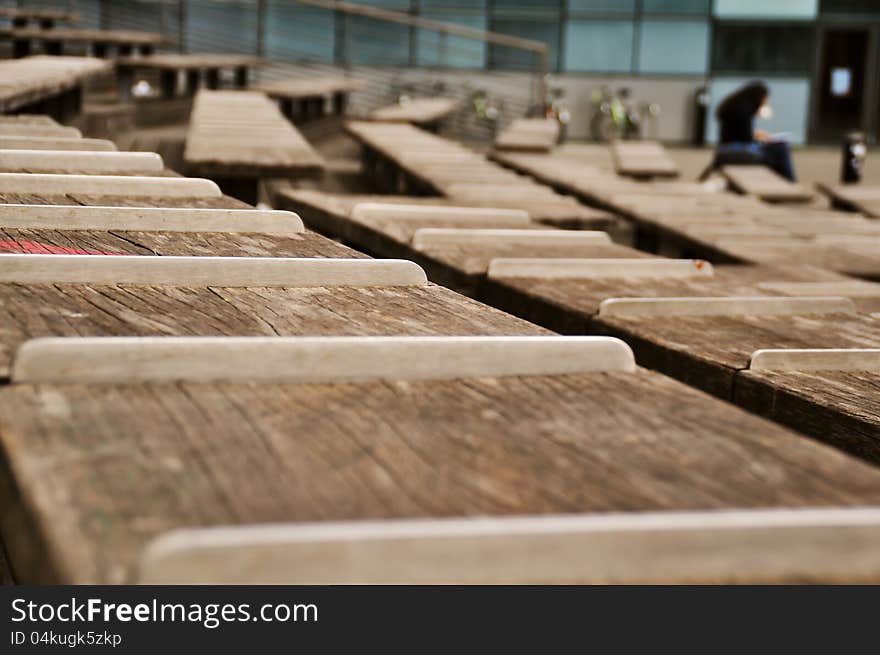 Close shot of the seat of a theater in the open air. Close shot of the seat of a theater in the open air