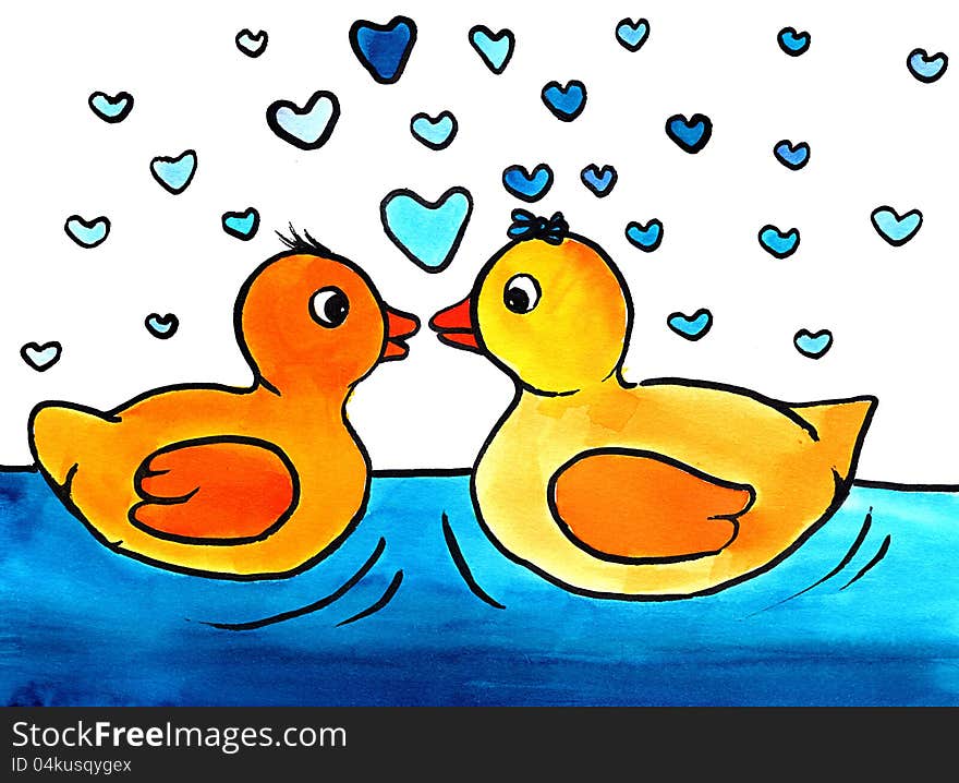 Cute little bath ducks in love - watercolor illustration