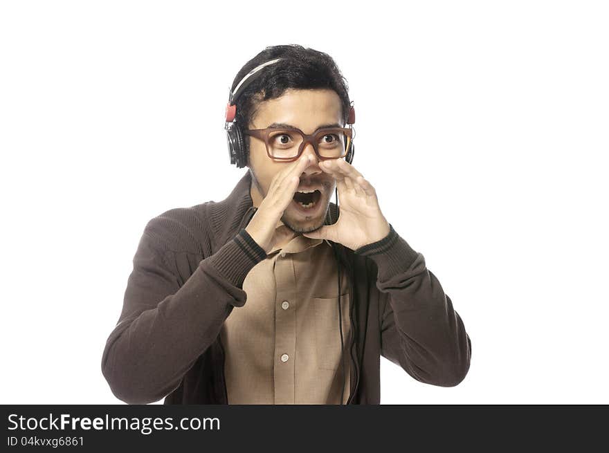 Handsome young man shout his mouth isolated over white background