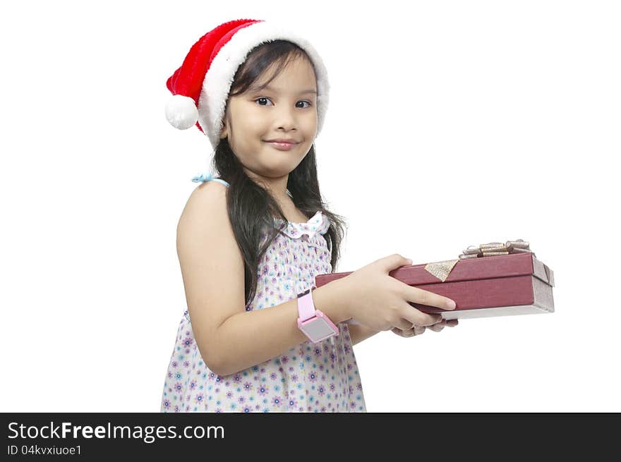 Mix asian caucasian girl holding christmas box isolated over white background