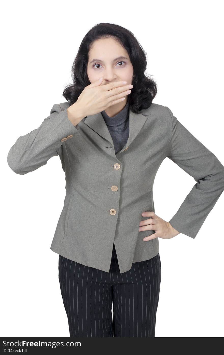 Mix race business woman shut her mouth isolated over white background. Mix race business woman shut her mouth isolated over white background