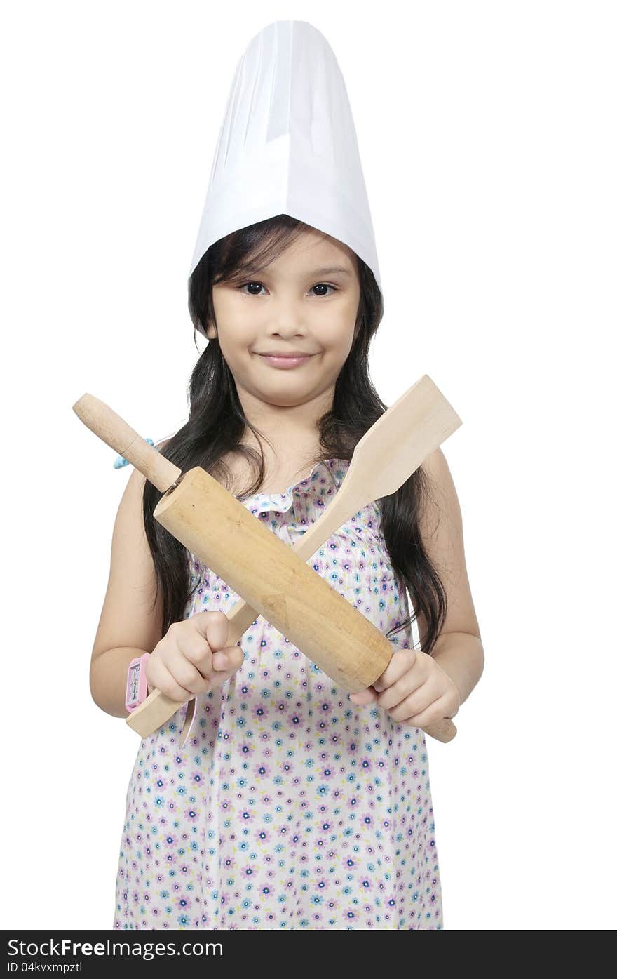 Mix race asian caucasian girl hold cooking utensil isolated over white background. Mix race asian caucasian girl hold cooking utensil isolated over white background