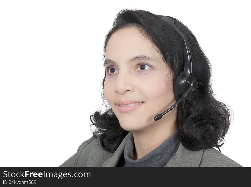 Business woman with headset on a white background. Business woman with headset on a white background