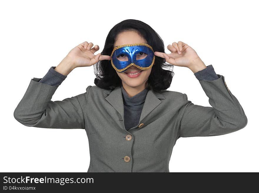 Business woman wearing mask isolated over white background. Business woman wearing mask isolated over white background