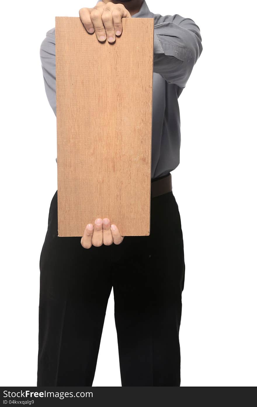 Business man wearing shirt and tie holding wooden board. You can put your message on the board