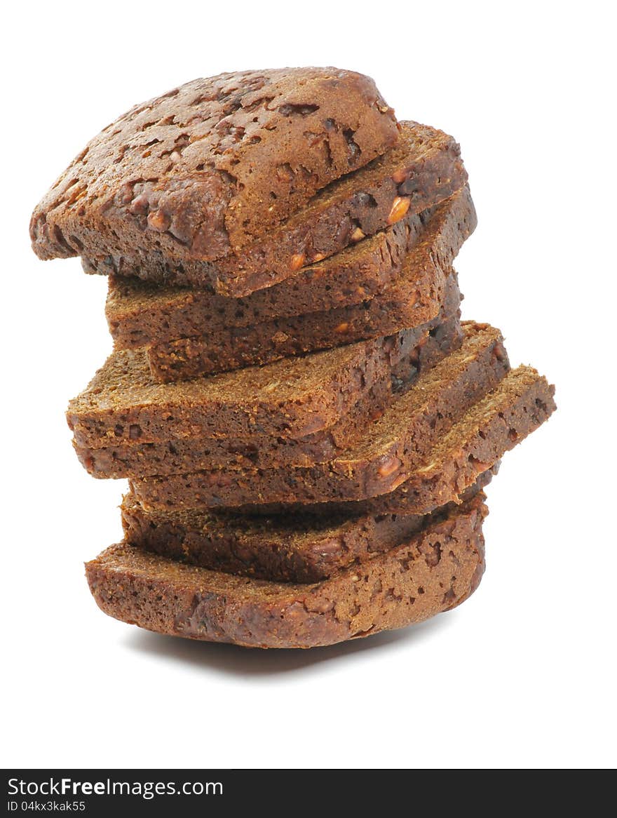 Stack of Brown 7-Grain Bread Slices close up on white background. Stack of Brown 7-Grain Bread Slices close up on white background