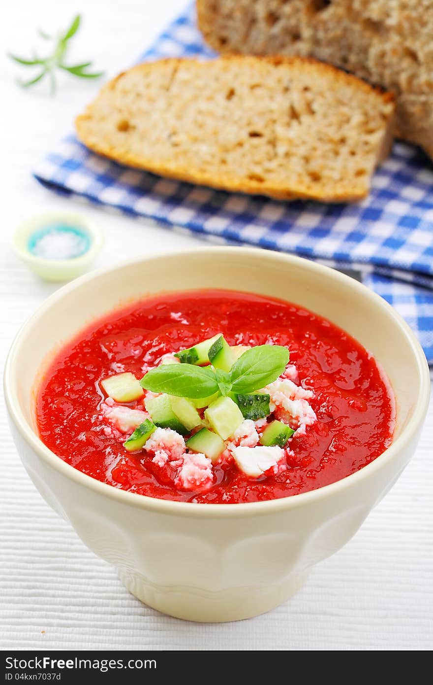 Cold vegetable soup with beet, cucumber, and cheese. Cold vegetable soup with beet, cucumber, and cheese