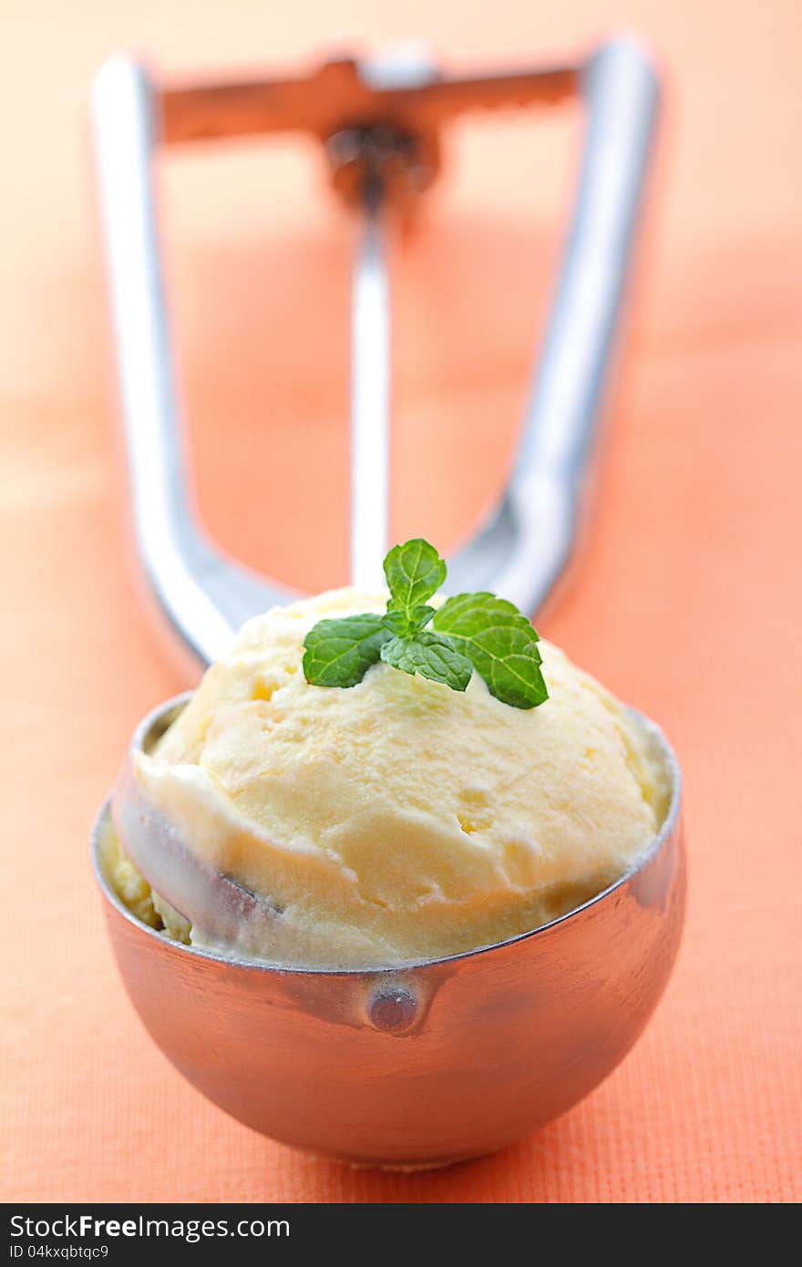 Homemade apricot ice cream in a spoon