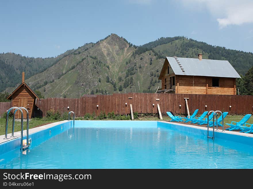 Mountain, swimming pool in the mountains, blue sky, summer, vacation