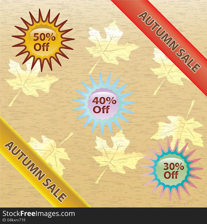 Brown and gold autumn sale over white background. illustration