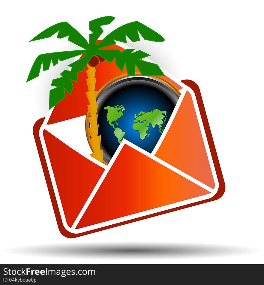 Palm tree and the world map in a red envelope on a white background. Palm tree and the world map in a red envelope on a white background