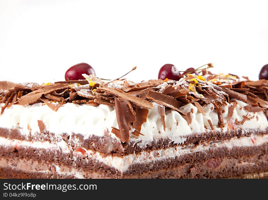 Close up of Chocolate cake on white background