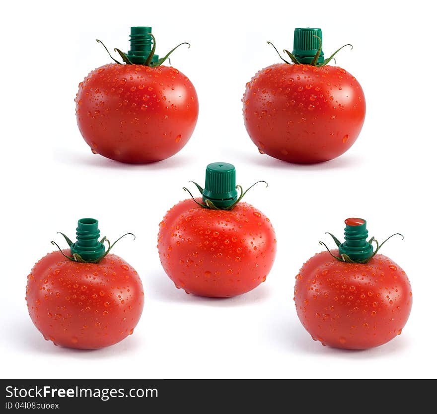 Tomato with packaging neck isolated on white background