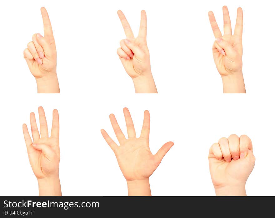 Set of counting human hands on white background. Set of counting human hands on white background