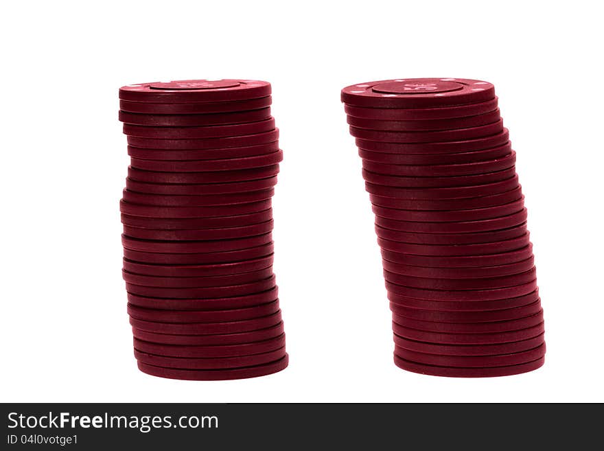 Casino chip stacks over white background