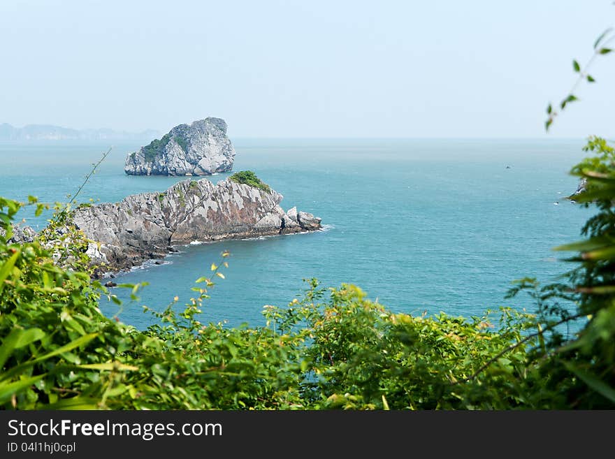 View of turquoise ocean and rocky islands