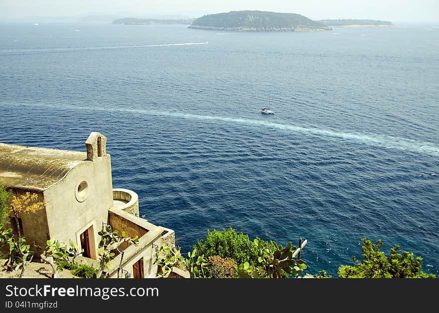 View of the procida island from the aragonese castle, ischia, italy. View of the procida island from the aragonese castle, ischia, italy