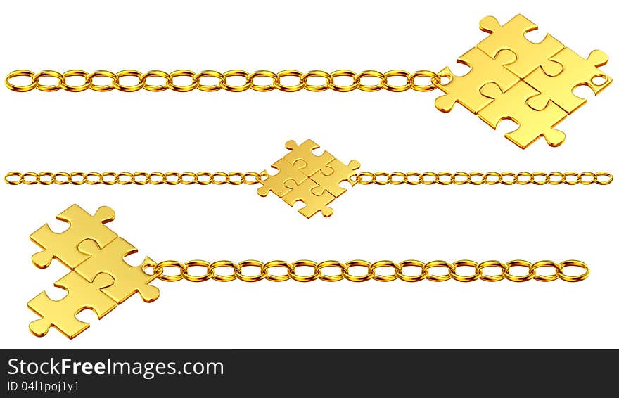 Set of shiny gold chains with the collected puzzles. Set of shiny gold chains with the collected puzzles