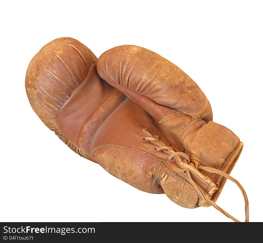 Old and worn light brown colored leather boxing glove. Isolated on white. Old and worn light brown colored leather boxing glove. Isolated on white.