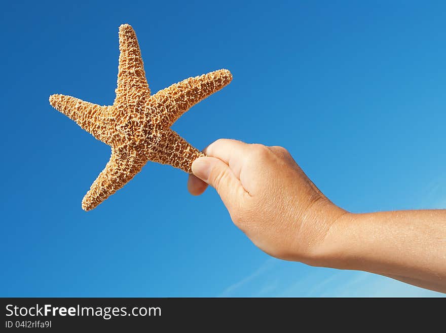 Starfish in his hand against the blue sky