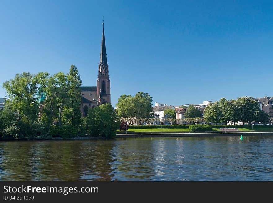 View of Frankfurt Epiphany Church from the River Main