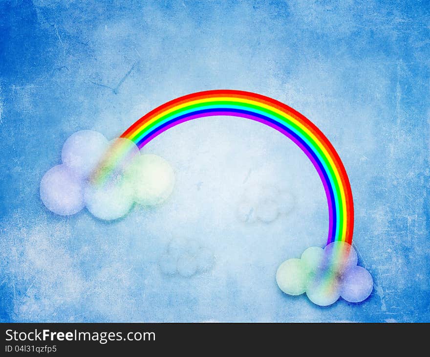 Illustration of abstract rainbow and clouds on blue.