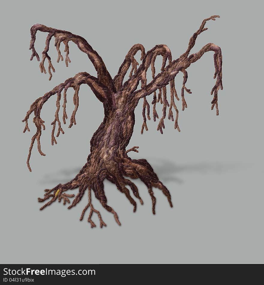 Painted big dead tree on dark gray background.