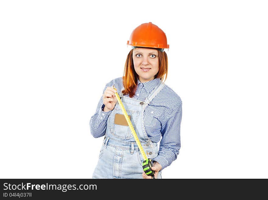 Construction girl with a tape measure isolated